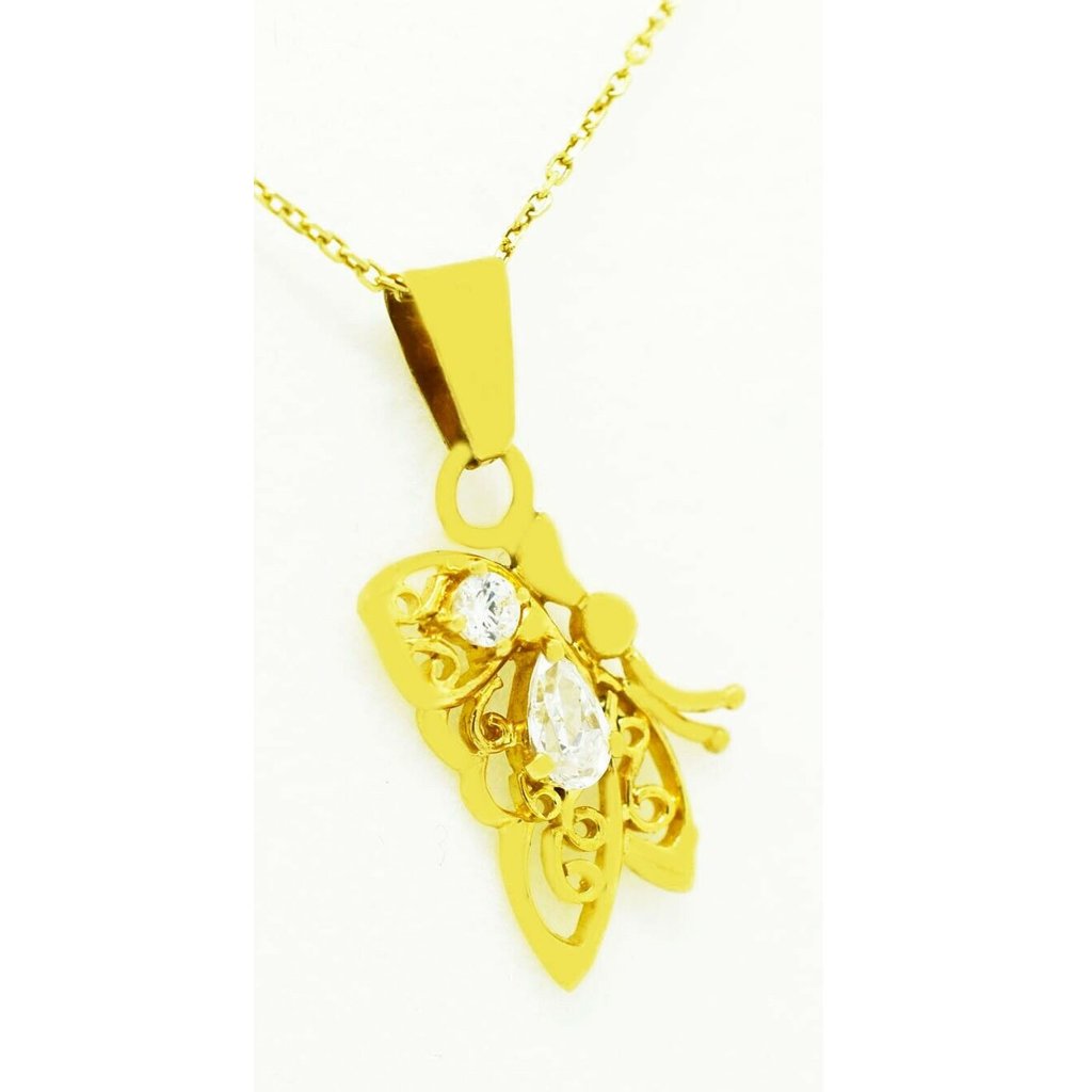 White Sapphire Butterfly Pendant 14k Yellow Gold